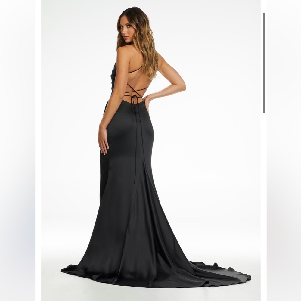 Lauren Ashley Black Satin Cowl Bodice Gown with Slit, Size 2 - Picture 2 of 13